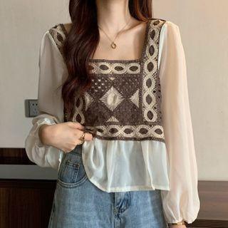 Square Neck Crochet Panel Cropped Blouse