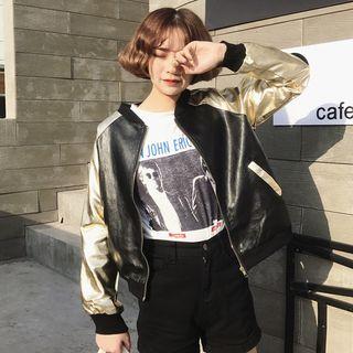 Color Block Faux-leather Bomber Jacket