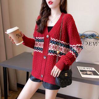 Flower Print Cable-knit Cardigan
