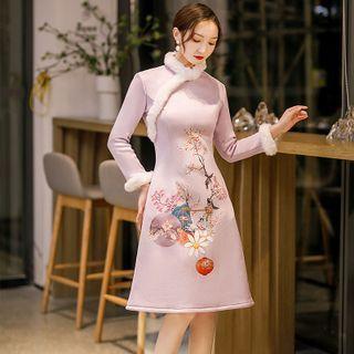 Long-sleeve Fleece Trim Embroidered A-line Qipao Dress