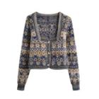 Square-neck Floral Cropped Cardigan