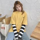 Mock Two-piece Inset Long-sleeved Loose-fit Crewneck Striped Panel T-shirt