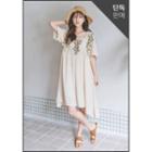 Square-neck Flower-embroidered Empire Dress