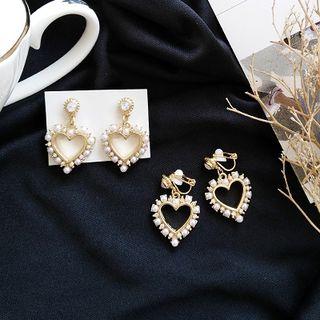 Faux Pearl Perforated Heart Dangle Earring / Clip-on Earring
