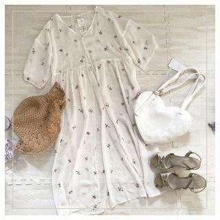 Floral Embroidered Short-sleeve Cardigan Milky White - One Size