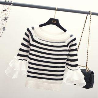 Ruffle Elbow-sleeve Knit Top