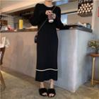 Long-sleeve Plain Knit Long Dress Black - One Size