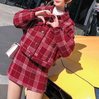 Set Of 2: Plaid Jacket + Sheath Mini Skirt
