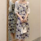 Elbow-sleeve Panel Floral Midi A-line Dress