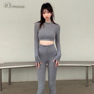 Long-sleeve Knit Crop Top / Boot-cut Pants