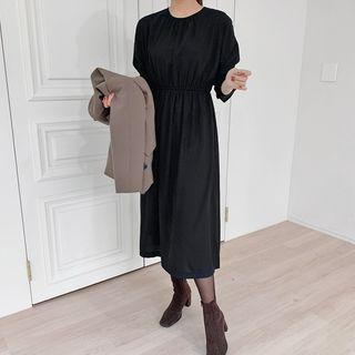 Gathered-waist Long Monotone Dress