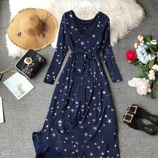 Star Print Tie-waist Long-sleeve Dress