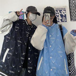 Couple Matching Heart Print Panel Faux Leather Baseball Jacket