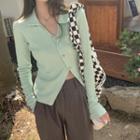 Collared Asymmetrical Button-up Knit Top
