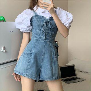 Short-sleeve Blouse / Denim Wide-leg Jumper Shorts