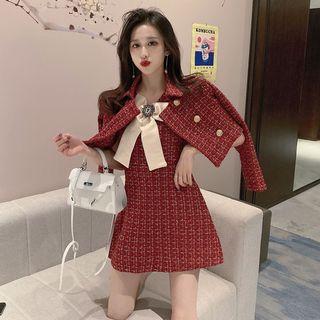 Set: Tweed Jacket + Bow Accent Sleeveless A-line Tweed Dress