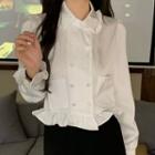 Peter Pan Collar Plain Ruffle Trim Double Breasted Loose Fit Top