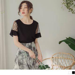 Mesh Panel Ruffle Sleeve Round Neck Top