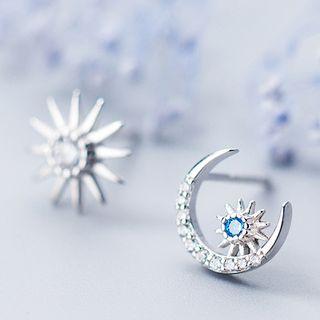 Non-matching 925 Sterling Silver Rhinestone Moon & Sun Earring