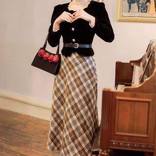 Set: Long-sleeve Velvet Blouse + Plaid Midi A-line Skirt