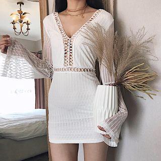 Long-sleeve Perforated Mini Sheath Dress