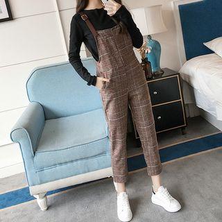 Long-sleeve Knit Top / Plaid Jumper Pants / Set