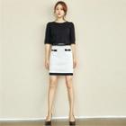 Button-trim Contrast-trim Knit Skirt