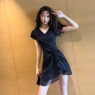 Cap-sleeve Sequined Drawstring Mini A-line Dress