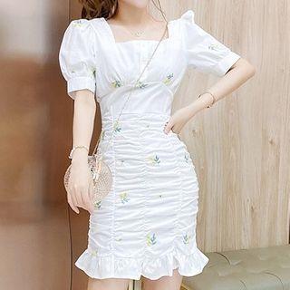 Balloon-sleeve Floral Embroidered Shirred A-line Dress