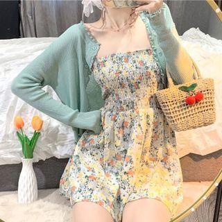 Strapless Floral Print Shirred Romper / Frill Trim Cardigan