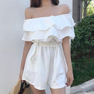 Plain Ruffle Trim Off Shoulder Short Sleeve Playsuit