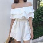 Plain Ruffle Trim Off Shoulder Short Sleeve Playsuit