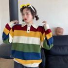 Long-sleeve Color-block Striped Loose-fit Sweater As Figure - One Size