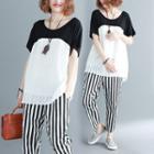 Set: Two-tone Short-sleeve T-shirt + Striped Cropped Pants
