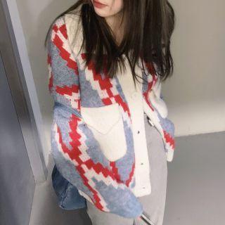 Argyle Cardigan Argyle - Red & White & Gray - One Size