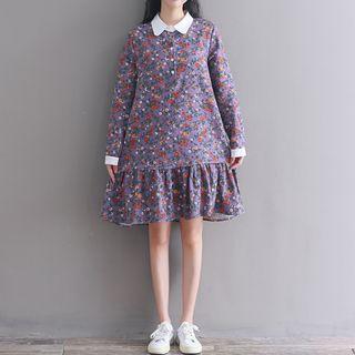 Long-sleeve Floral Print A-line Shirt Dress