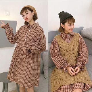 Plaid Long-sleeve A-line Dress / Pointelle Knit Vest