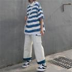 Short Sleeve Striped Polo Shirt / Cargo Wide-leg Pants