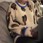 Contrast Trim Round-neck Leopard Printed Long-sleeve Sweater Brown - One Size