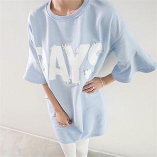 Ruffle-cuff Embellished Lettering Pullover Dress