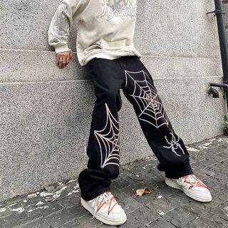 Spider Embroidered Wide Leg Jeans