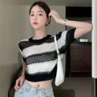 Short-sleeve Striped Crop Knit Top Black & White - One Size