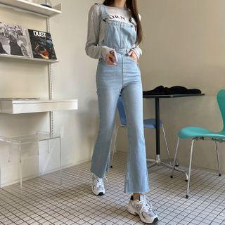 Buckled-strap Denim Bootcut Jumpsuit Light Blue - One Size