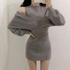 Set: Mock-neck Sleeveless Mini Knit Dress + V-neck Puff-sleeve Sweater