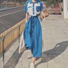 Short-sleeve Two-tone Panel Midi A-line Shirtdress