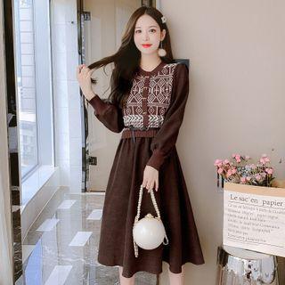 Puff-sleeve Knit Panel Corduroy Dress