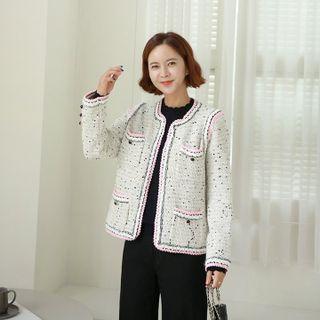 Piped Open-front Tweed Knit Jacket Pink - One Size