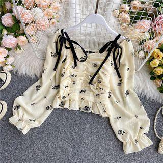 Rose Print Ruched Off-shoulder Chiffon Blouse
