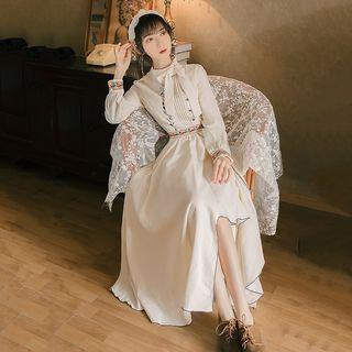 Embroidered Pintuck Long-sleeve A-line Maxi Dress