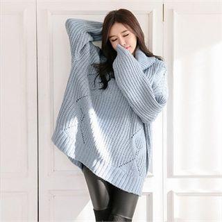 Cowl-neck Pointelle-knit Long Sweater